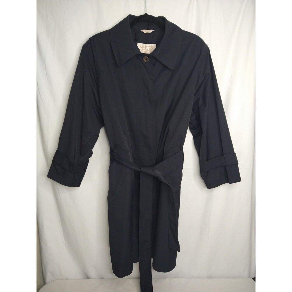 VTG New York Harbor From Andrea Black Lightweight A-Line midi Trench Coat sz 14